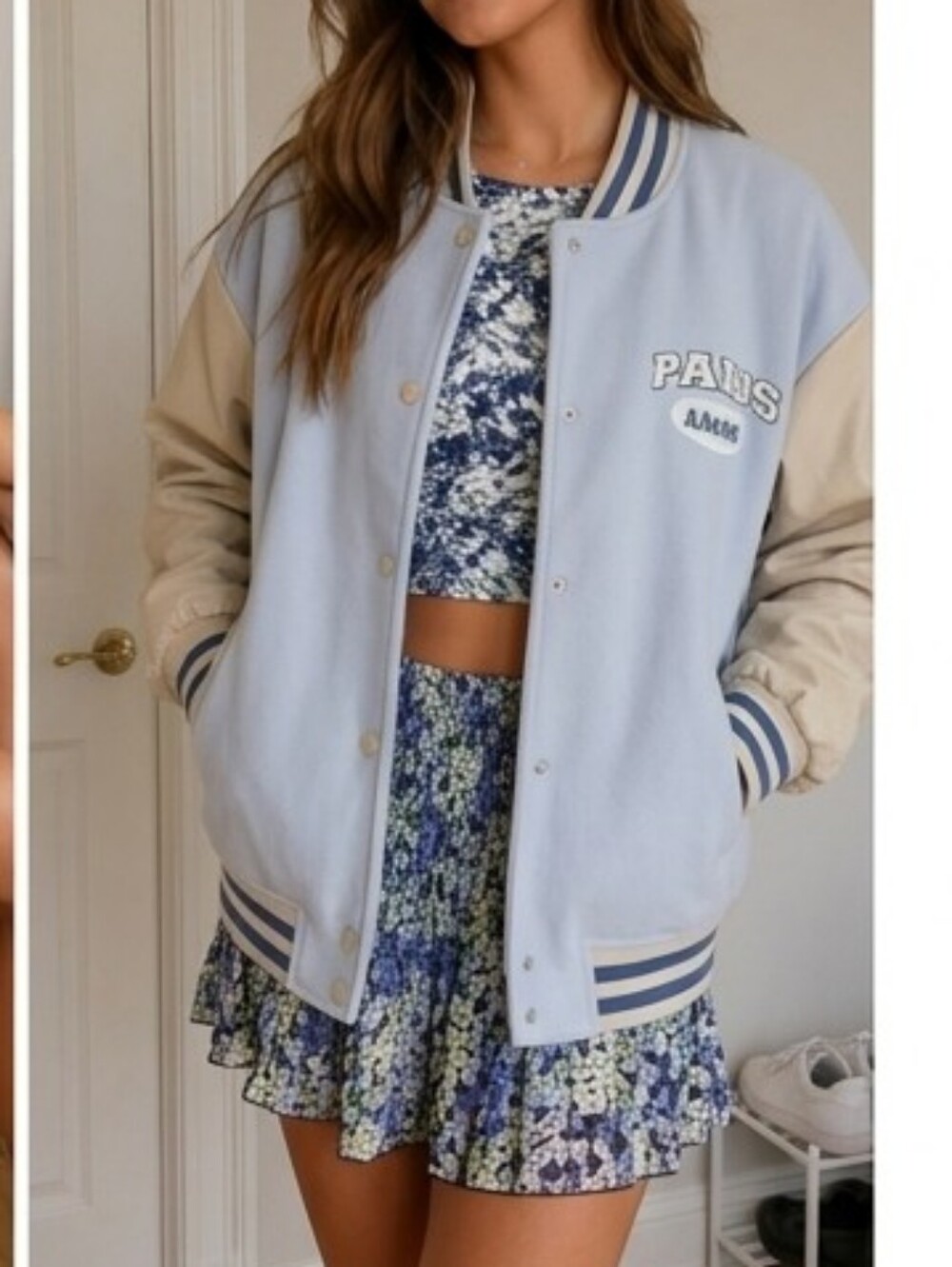 Light Blue Varsity Jacket with Beige Sleeves